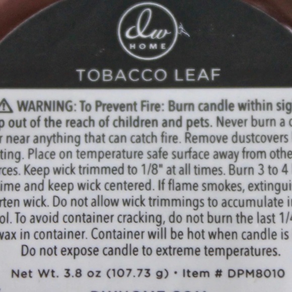 DW HOME CANDLE TOBACCO LEAF RICHLY SCENTED NEW - Picture 3 of 3